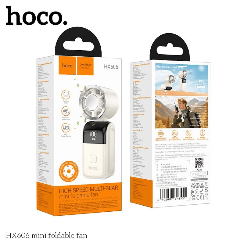 พัดลมพกพา HOCO HX606 พับได้ 90&deg; ปรับแรงลม 100 ระดับ ความเร็วรอบ 20000 RPM แบตเตอรี่ 3000MAH พร้อมสายคล้องคอ